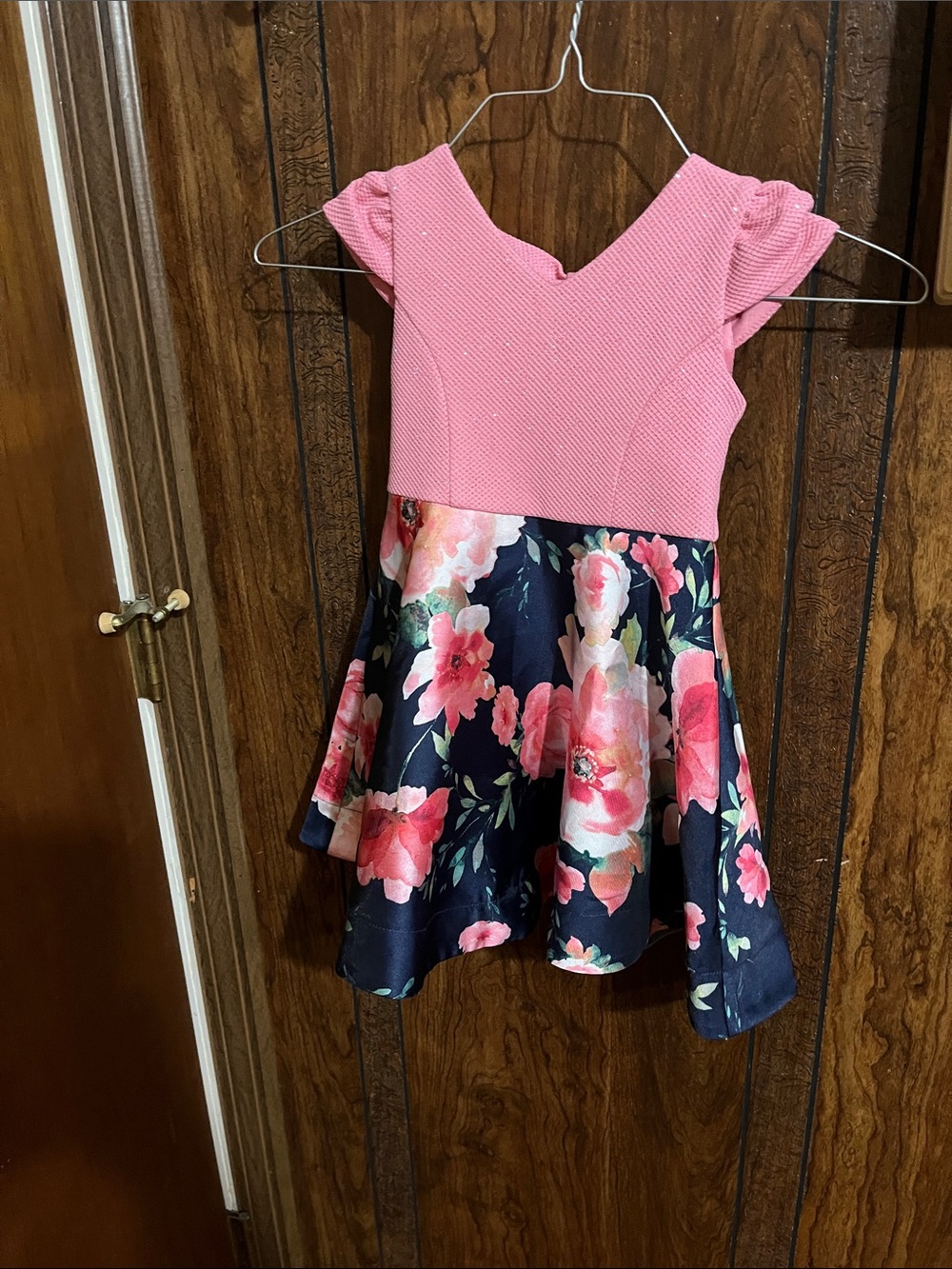 Rare Editions Pink Bodice Navy Floral Skirt Party Dress